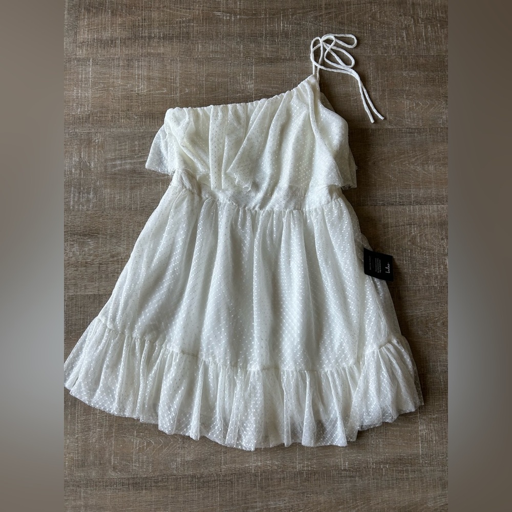 ▶️ Lulus White One Shoulder Ruffle Dress Womens L Mini Bridal Shower Party NWT - Picture 3 of 10